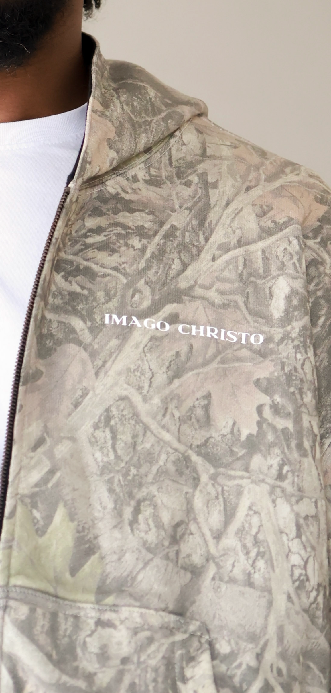 REVERSIBLE BLACK and CAMO IMAGO CHRISTO” ZIP UP